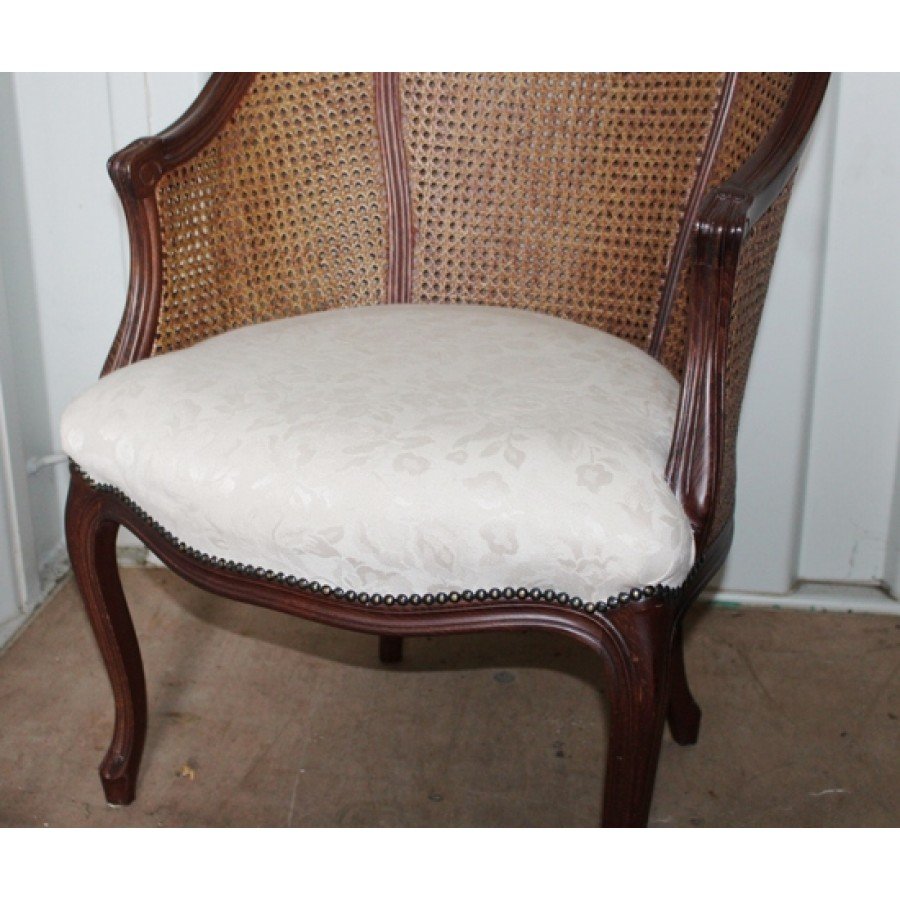 Carved Wood Bergere Chair with Upholstered Seat